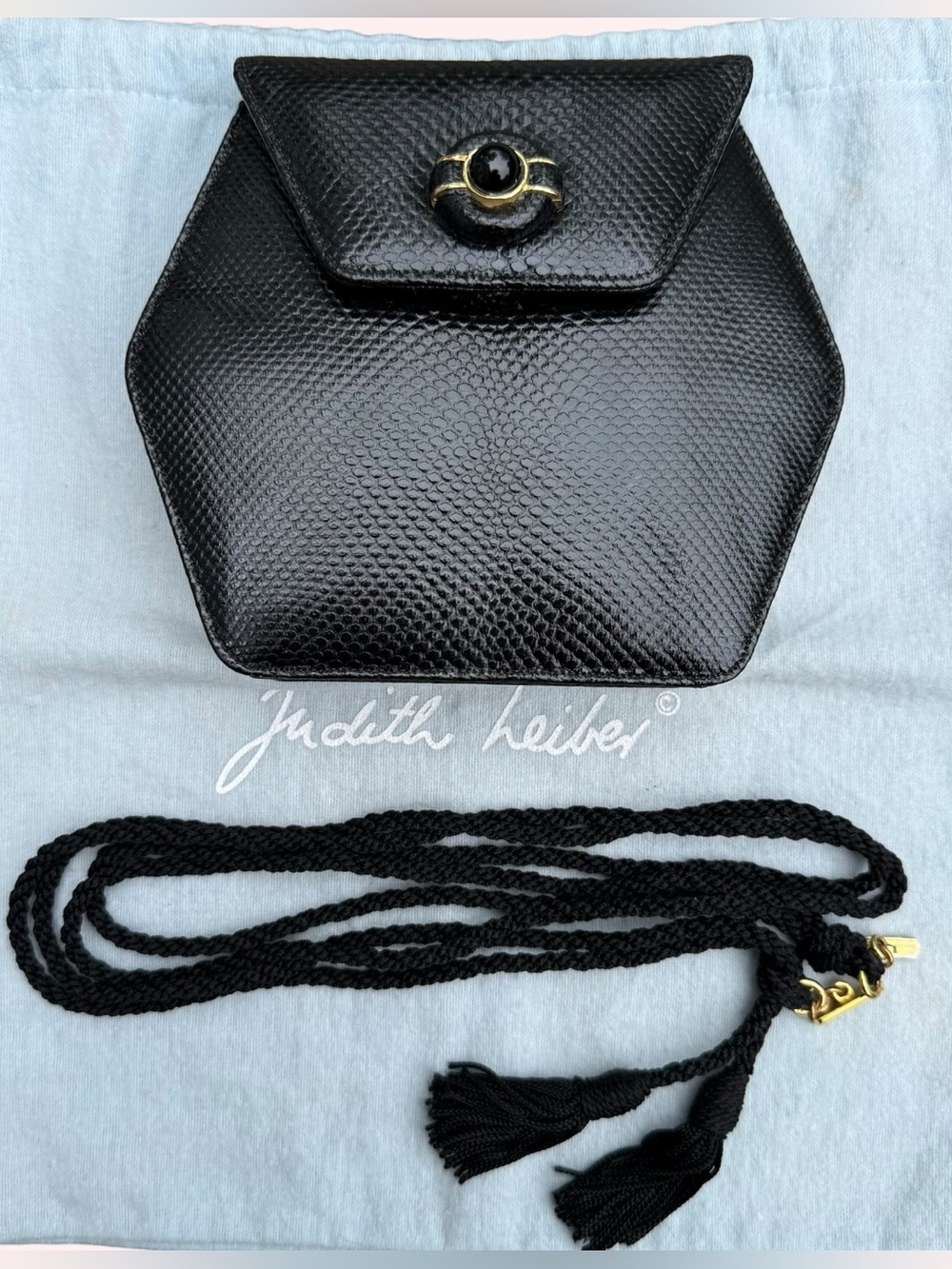 Judith Leiber OCTAGON Black Jewel Snakeskin Leather Tassle Shoulder Bag Clutch